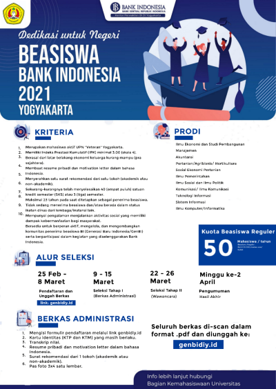 Beasiswa Bank Indonesia Tahun 2021 – Bidang Kemahasiswaan